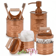 Autumn Alley Rustic Bathroom Accessories Set 4 - Copper Farmhouse Soap Dispenser, Rustic Toothbrush Holder, 2 Apothecary Jars Qtip Holder - Rustic Bathroom Decor – Farmhouse Bathroom Accessories