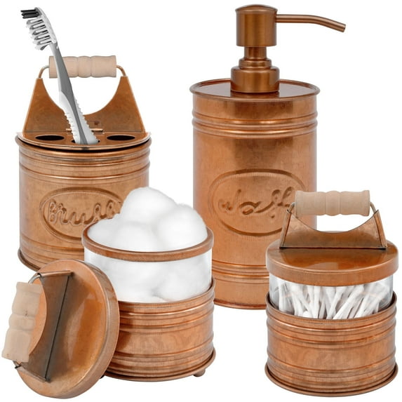Autumn Alley Rustic Bathroom Accessories Set 4 - Copper Farmhouse Soap Dispenser, Rustic Toothbrush Holder, 2 Apothecary Jars Qtip Holder - Rustic Bathroom Decor – Farmhouse Bathroom Accessories