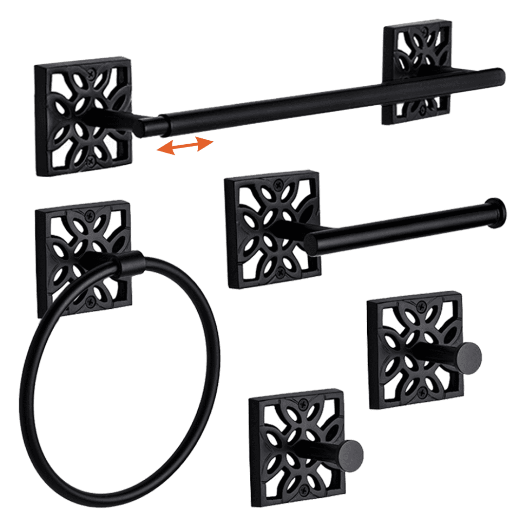 Matte Black 5-Piece Bathroom Hardware Set with Towel Rack