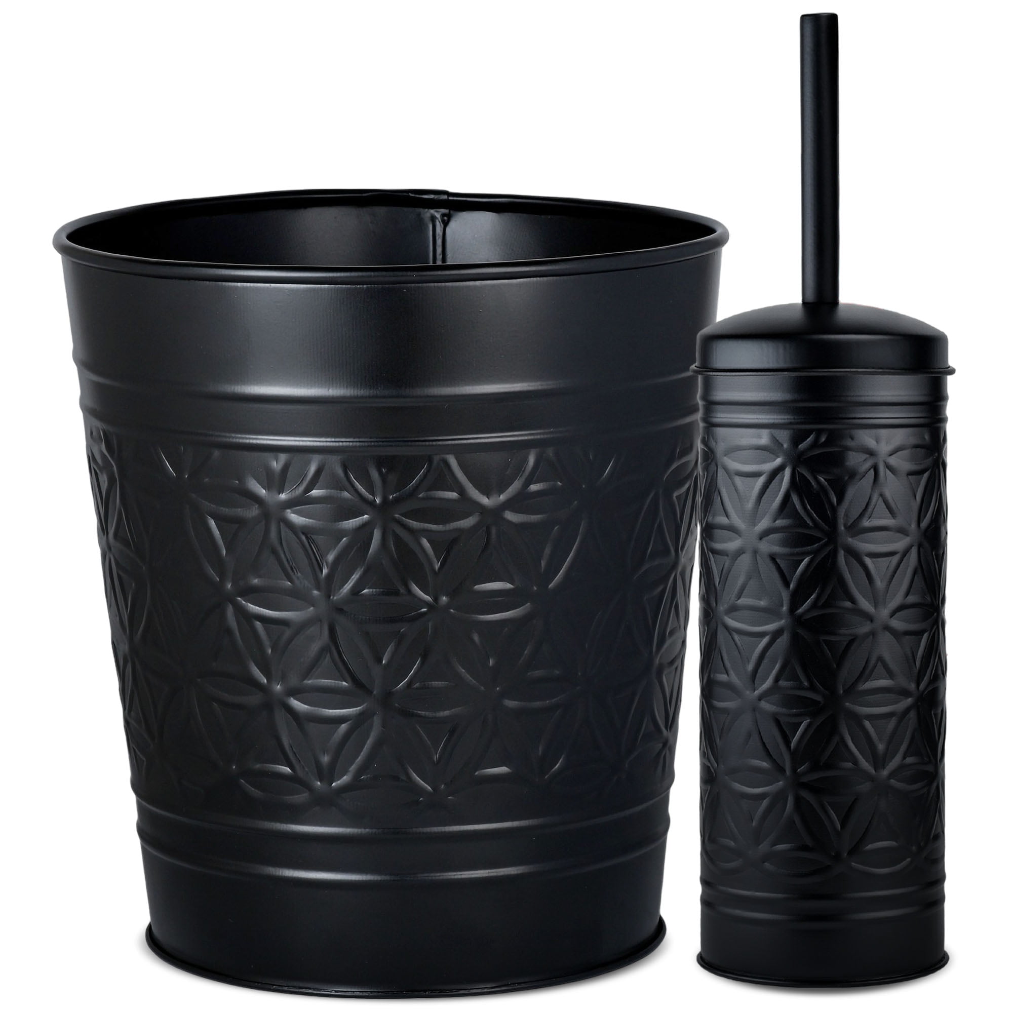 Matte Black Embossed Metal Bathroom Trash Can and Toilet Brush Set