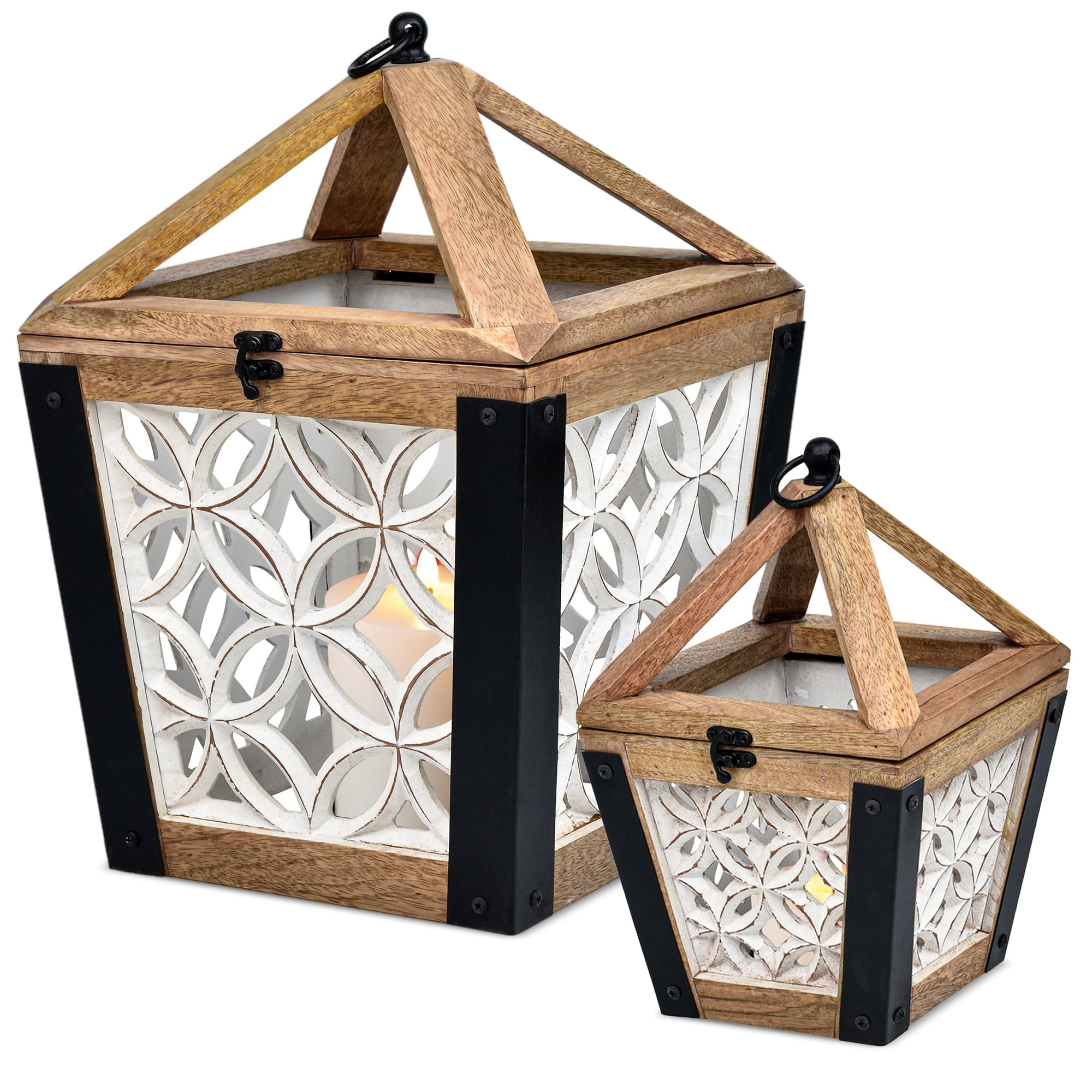 Rustic Brown and White Wooden Hanging Candle Lantern Set
