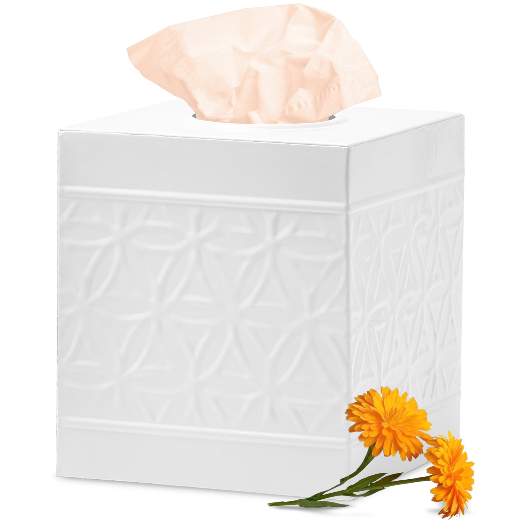 Glossy White Embossed Metal Square Tissue Box Cover