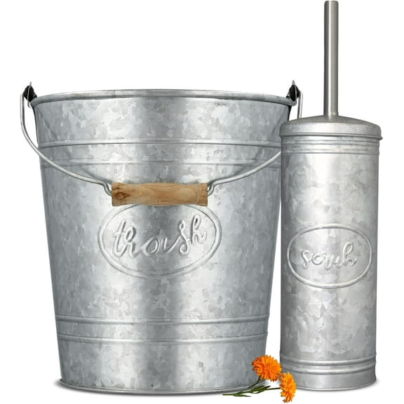 Autumn Alley Farmhouse Bathroom Trash Can and Toilet Brush Set - Rustic Bathroom Accessories for Charming Bathroom D?cor, Galvanized, Grey