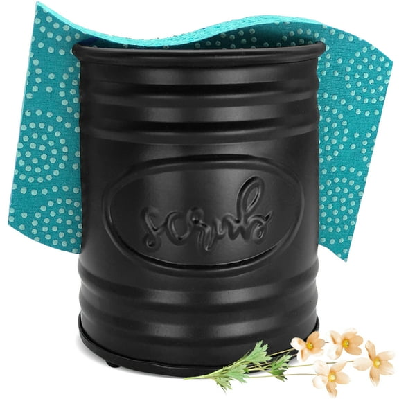 Autumn Alley Farmhouse Black Sponge Holder for Countertops Embossed 'Scrub' Label Farmhouse Kitchen Decor