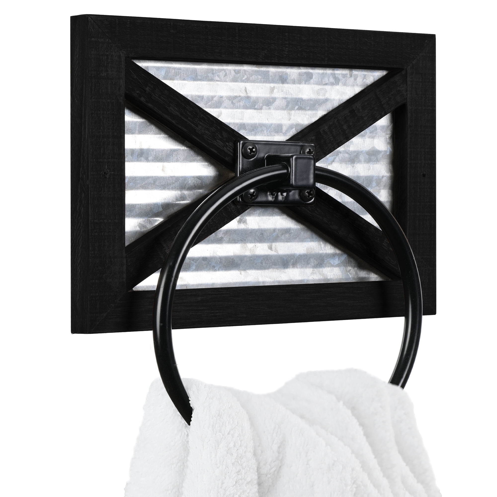 Rustic Black Wood and Metal Wall Mounted Towel Ring