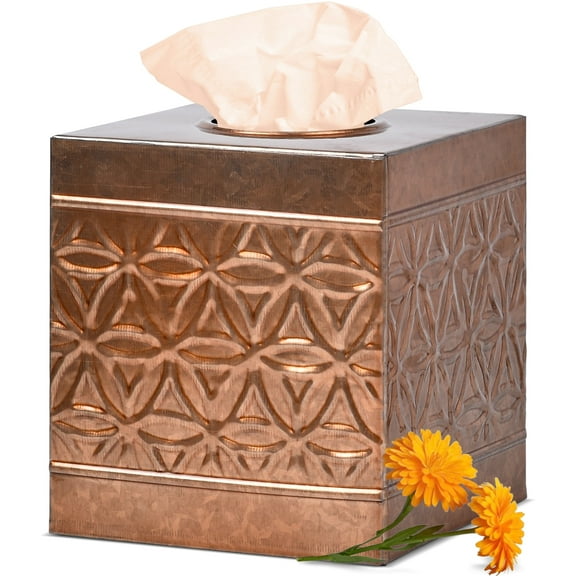 Autumn Alley Copper Tissue Box Cover Square, Tissue Box Cover, Tissue Holders for Bathrooms, Bedroom, Kitc Shen with Embossed Pattern Tissue Holders Decorative, Rustic, Copper