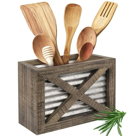 Autumn Alley Farmhouse Kitchen Utensil Holder, Rustic Wood & Galvanized Metal Cooking Utensil Caddy for Countertop Storage, Barn Door Style