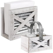 Autumn Alley Farmhouse Napkin Holder and Farmhouse Salt and Pepper Shakers Set with Wood Holder - 2 Piece Set, Galvanized Metal - Rustic Napkin Holder for Country Farmhouse Kitchen Décor (White)