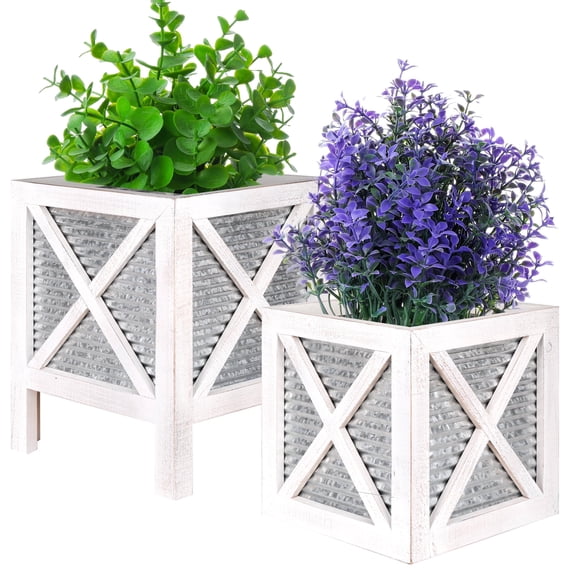 Autumn Alley Farmhouse Planter Set  Wooden White Indoor Pots for Plants - Galvanized Planters