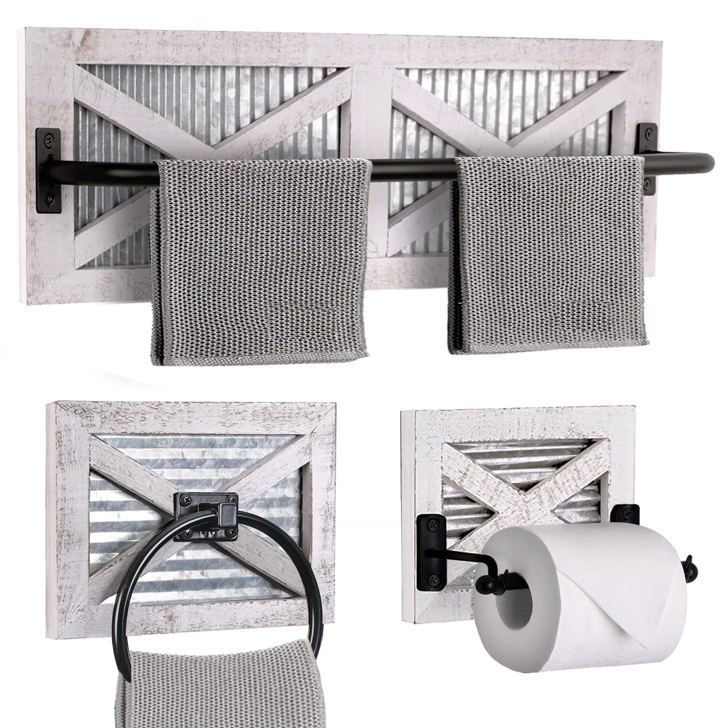 Whitewashed Wood and Metal Farmhouse Bathroom Accessory Set