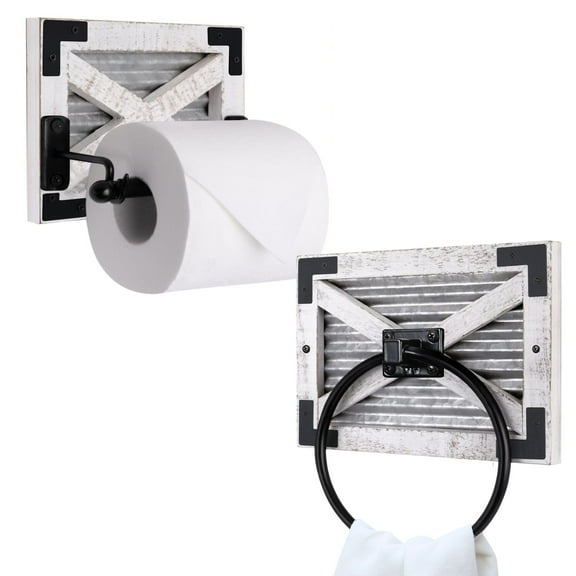 Autumn Alley Farmhouse Toilet Paper Holder and Towel Ring Holder with Bracket, Wall Mount, 2 Set - Farmhouse Toilet Paper Holder and Bathroom Hand Towel Holder Wooden Decor, White