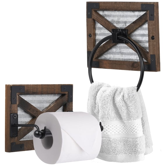 Autumn Alley Farmhouse Toilet Paper Holder and Towel Ring Holder with Bracket, Wall Mount, 2 Set - Farmhouse Wall Toilet Paper Holder and Bathroom Hand Towel Holder Wodden Decor, Brown