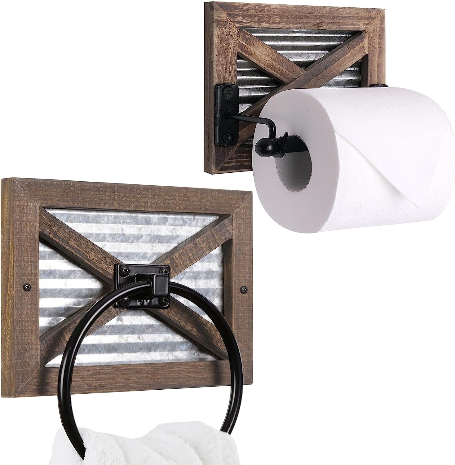 Rustic Brown Wood and Metal Toilet Paper Holder and Towel Ring Set