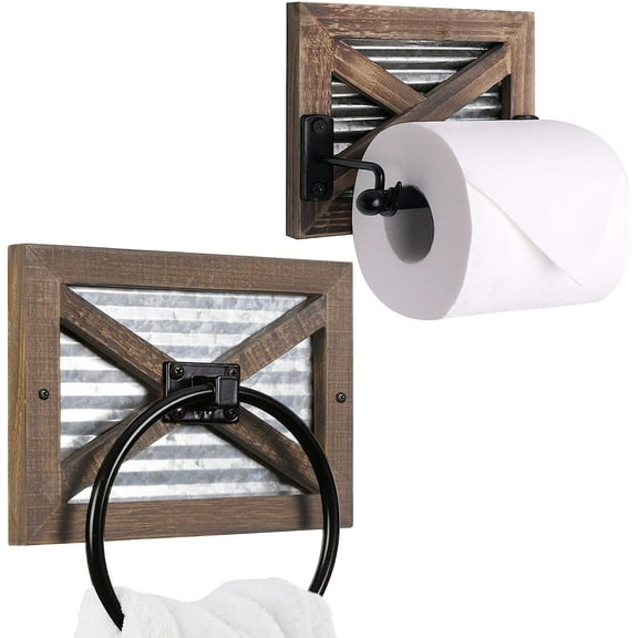Autumn Alley Farmhouse Toilet Paper Holder and Towel Ring Set, Wall Mount, Rustic Wall Toilet Paper Holder and Bathroom Hand Towel Holder Decor, Wooden Brown