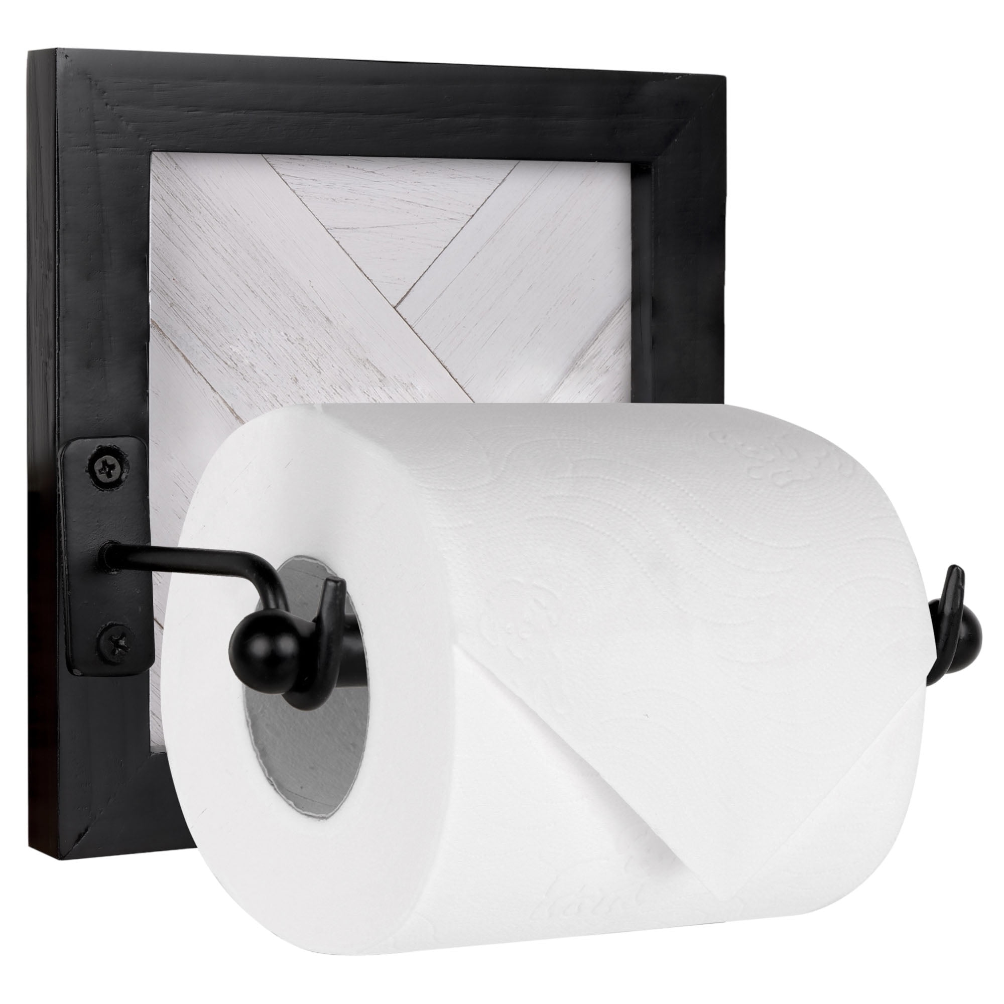 Black and White Wood and Iron Wall Mount Toilet Paper Holder
