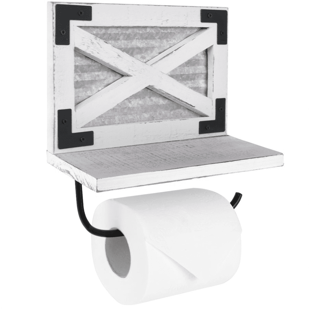 White and Galvanized Metal Farmhouse Toilet Paper Holder with Shelf