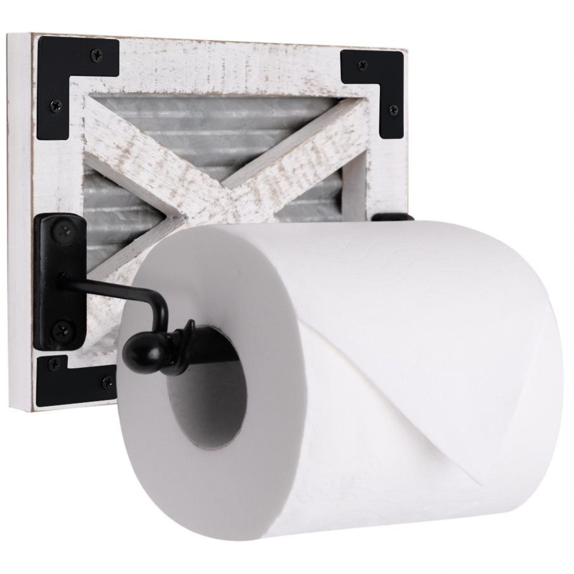 White and Black Rustic Wood Wall-Mount Toilet Paper Holder