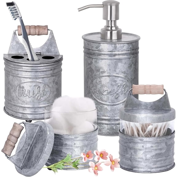 Autumn Alley Galvanized Rustic Farmhouse Bathroom Accessories Set – 4-PC Farmhouse Bathroom Set - Soap Dispenser - Rustic Toothbrush Holder - Cotton Canisters
