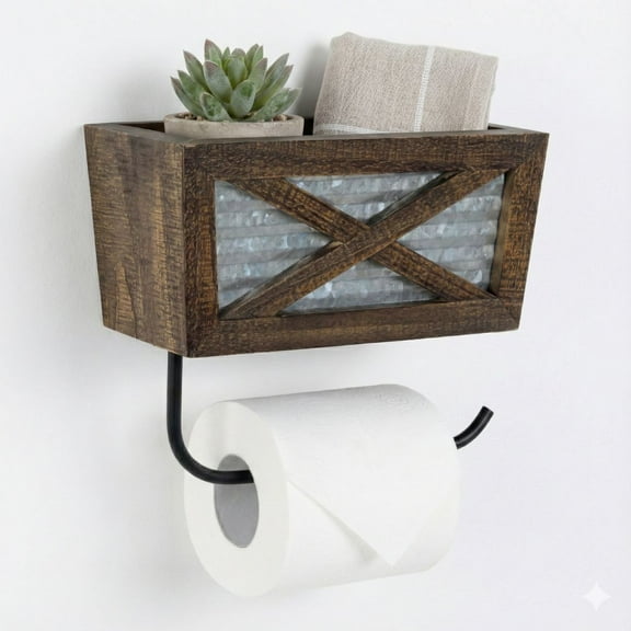 Autumn Alley Farmhouse Toilet Paper Holder with Basket for Cell Phone - Rustic Toilet Paper Holder, Farmhouse Bathroom Country Decor - Wood, Galvanized & Black Metal - Adds Rustic Charm, Brown