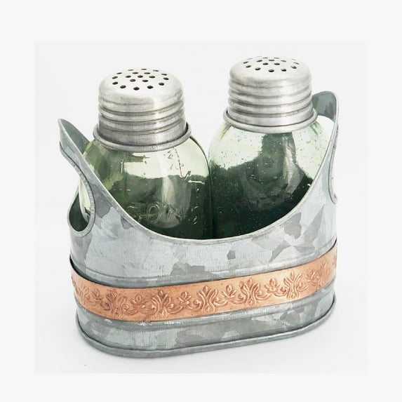 Autumn Alley Gavanized Farmhouse Salt & Pepper Shakers with Holder– Glass Mini Mason Jar Shakers