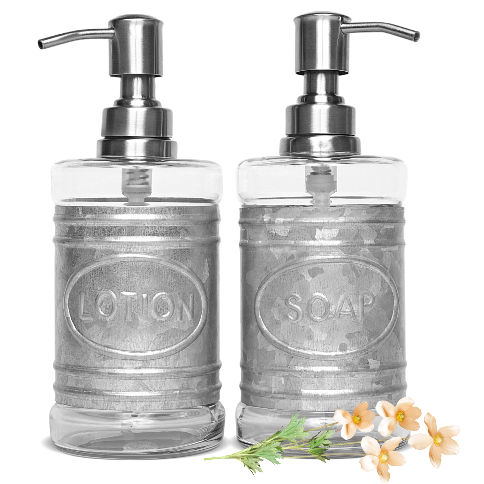 Galvanized Silver and Glass Farmhouse Soap and Lotion Dispenser Set