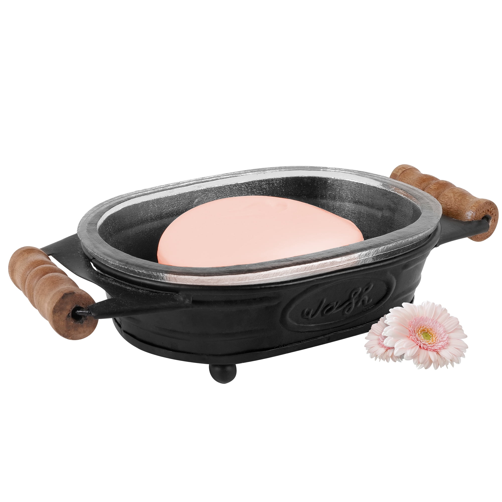 Matte Black Metal and Glass Farmhouse Soap Dish with Wooden Handles