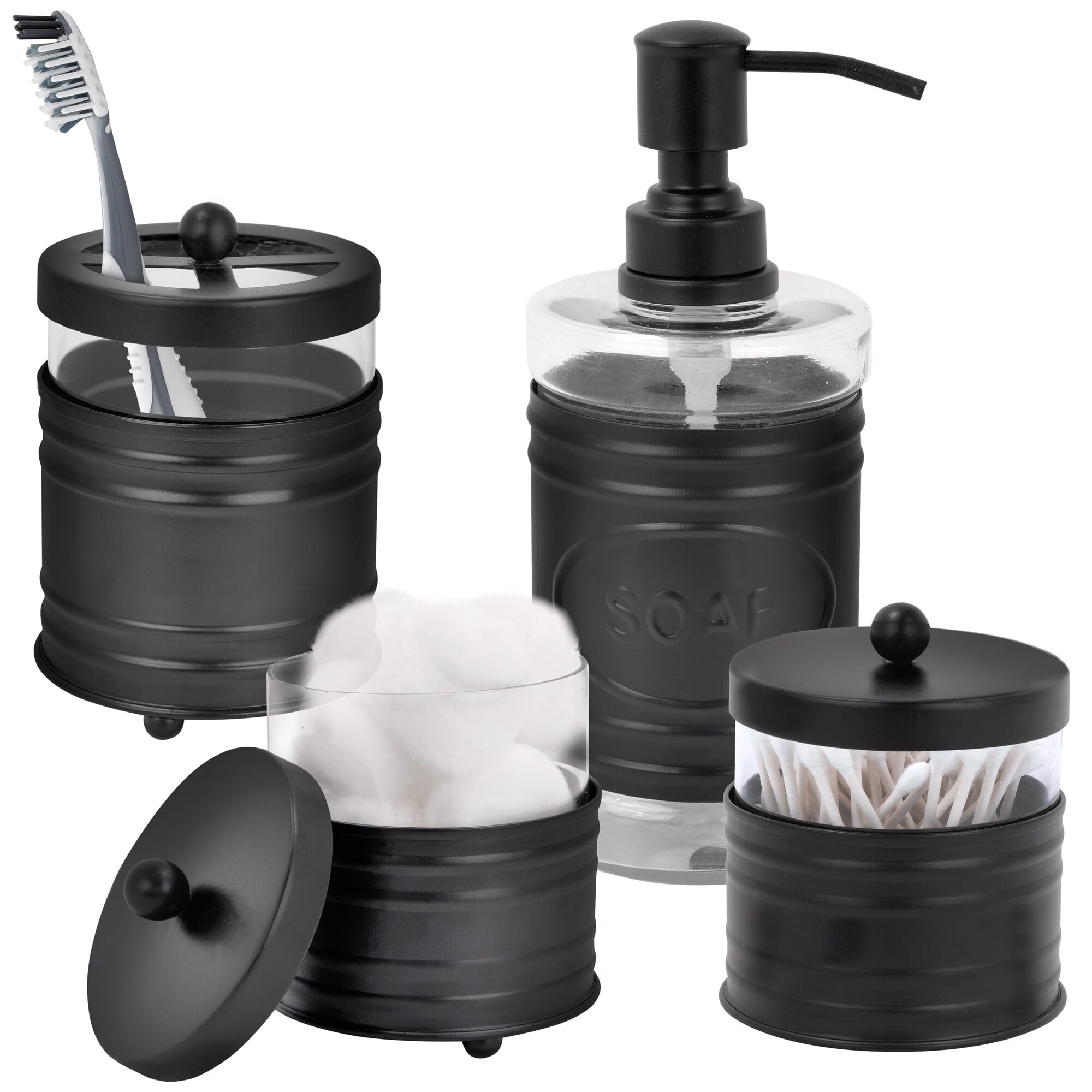Matte Black Glass and Metal 4-Piece Bathroom Accessory Set