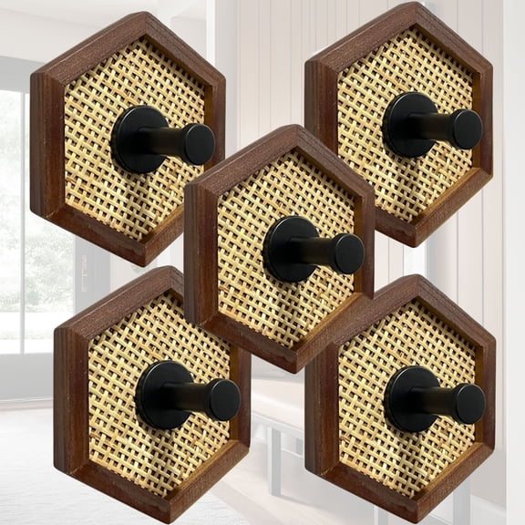 Autumn Alley Large Rattan Wall Hooks, Hat Hooks and Bathroom Coat Hook, Set of 5 Hexagon Hook with Gold Accent Metal Holder, Robe & Towel Hooks for Entryway, Bathroom, or Kitchen