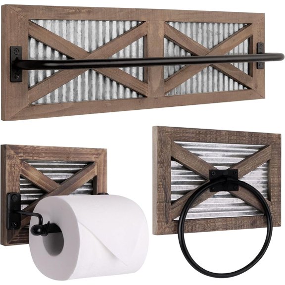 AAutumn Alley Farmhouse Bathroom Hardware Set, 3 Piece Rustic Wood & Galvanized Metal Bathroom Accessories – Towel Bar, Towel Ring & Toilet Paper Holder, Wall Mount, Brown