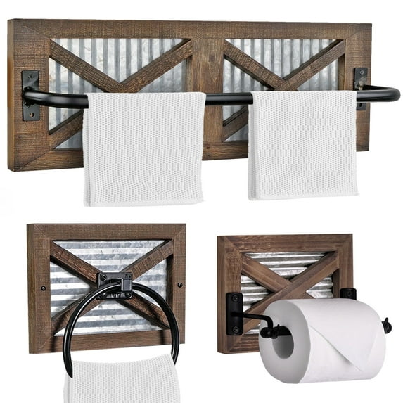 Autumn Alley Farmhouse Toilet Paper Holder, Towel Ring for Bathroom, Farmhouse Towel Rack Holder Set, 3PCS, Wall Mount for Farmhouse Bathroom Decor and Accessories, Rustic Wooden, Brown