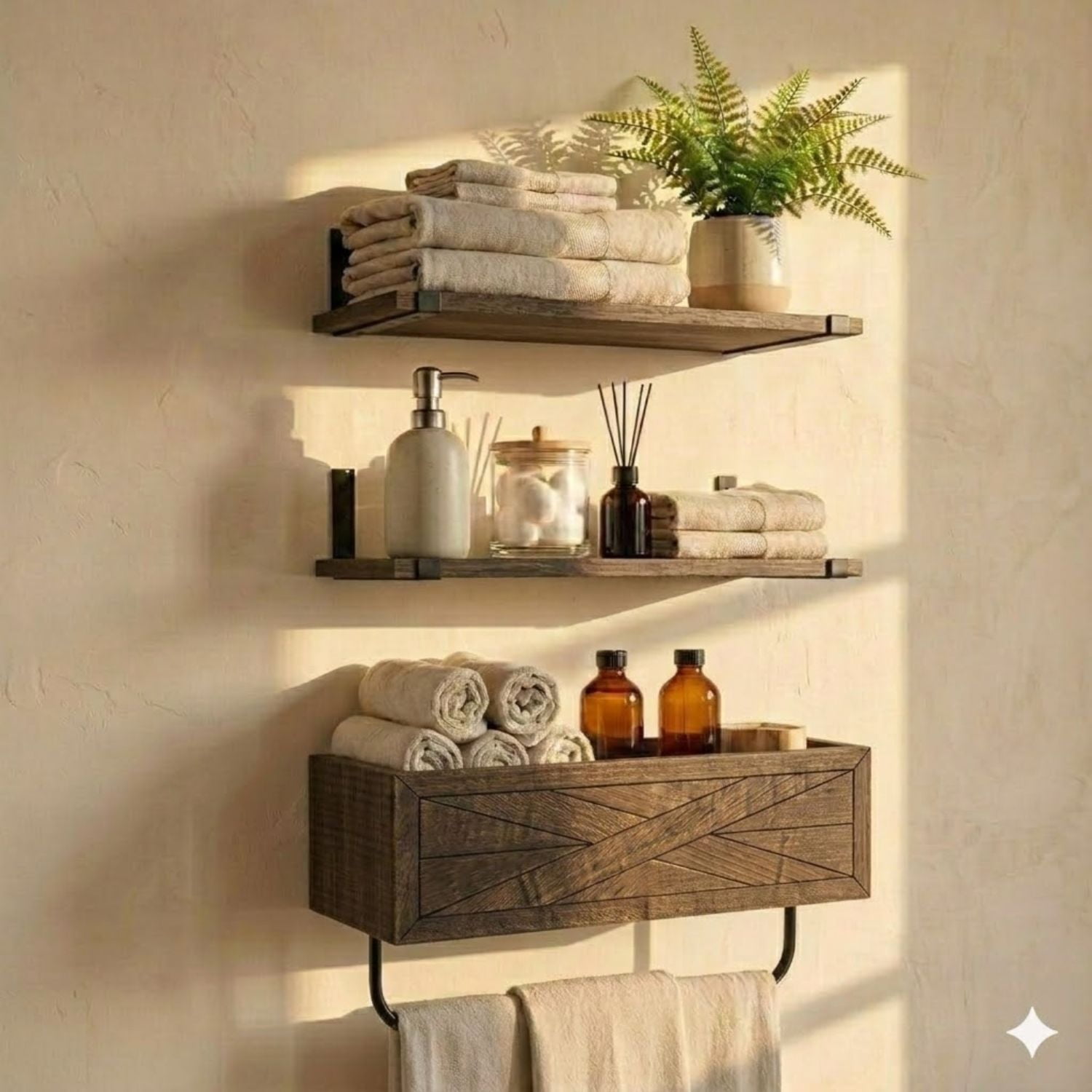 Autumn Alley Rustic Farmhouse Bathroom Shelves Wall Mounted – Industrial Floating Shelves for Bathroom With Towel Bar – Stunning Inlaid Wood Design, Above Toilet Shelves Rustic Towel Rack