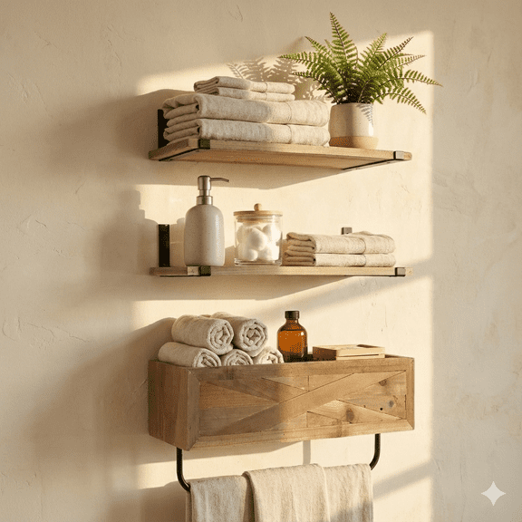 Autumn Alley Rustic Farmhouse Bathroom Shelves Wall Mounted  Industrial Floating Shelves for Bathroom With Towel Bar  Stunning Inlaid Wood Design, Above Toilet Shelves Rustic Towel Rack