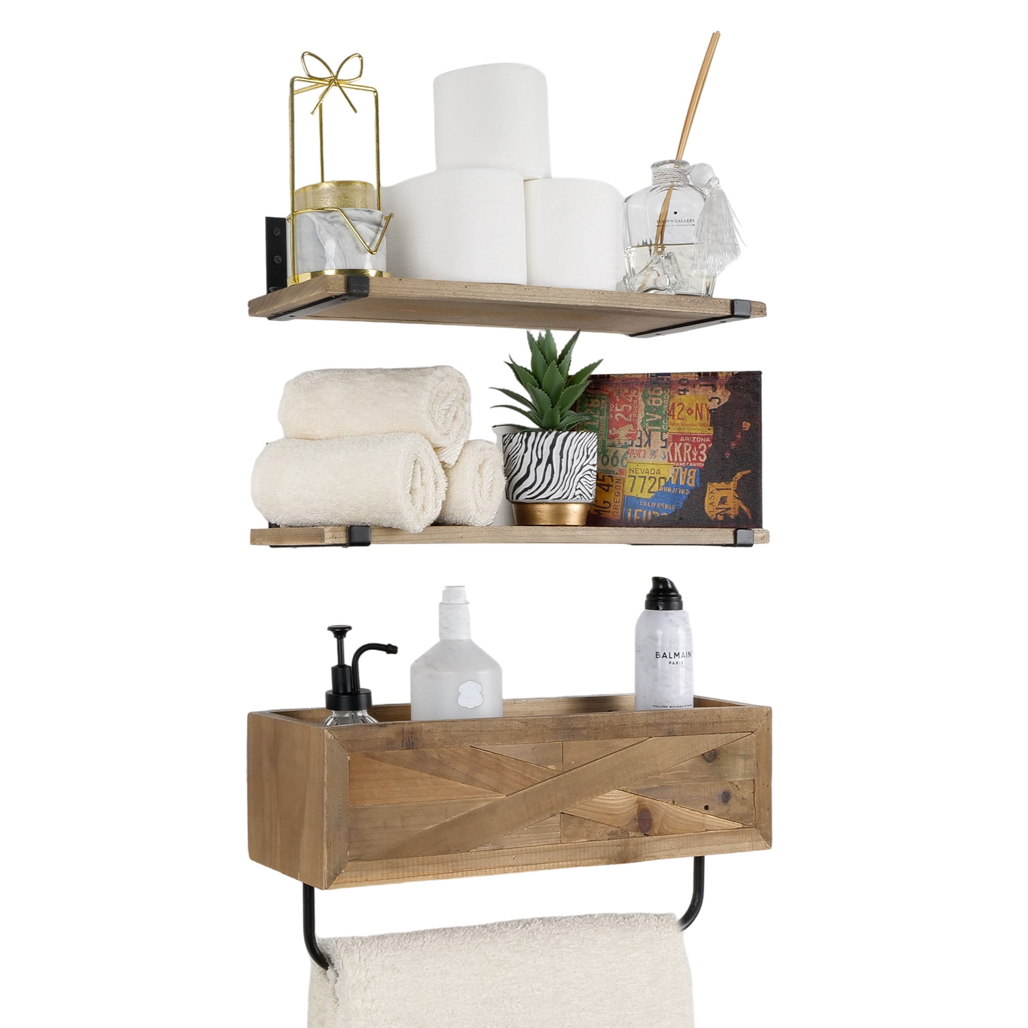 Rustic Brown Wood Floating Wall Shelf with Towel Bar
