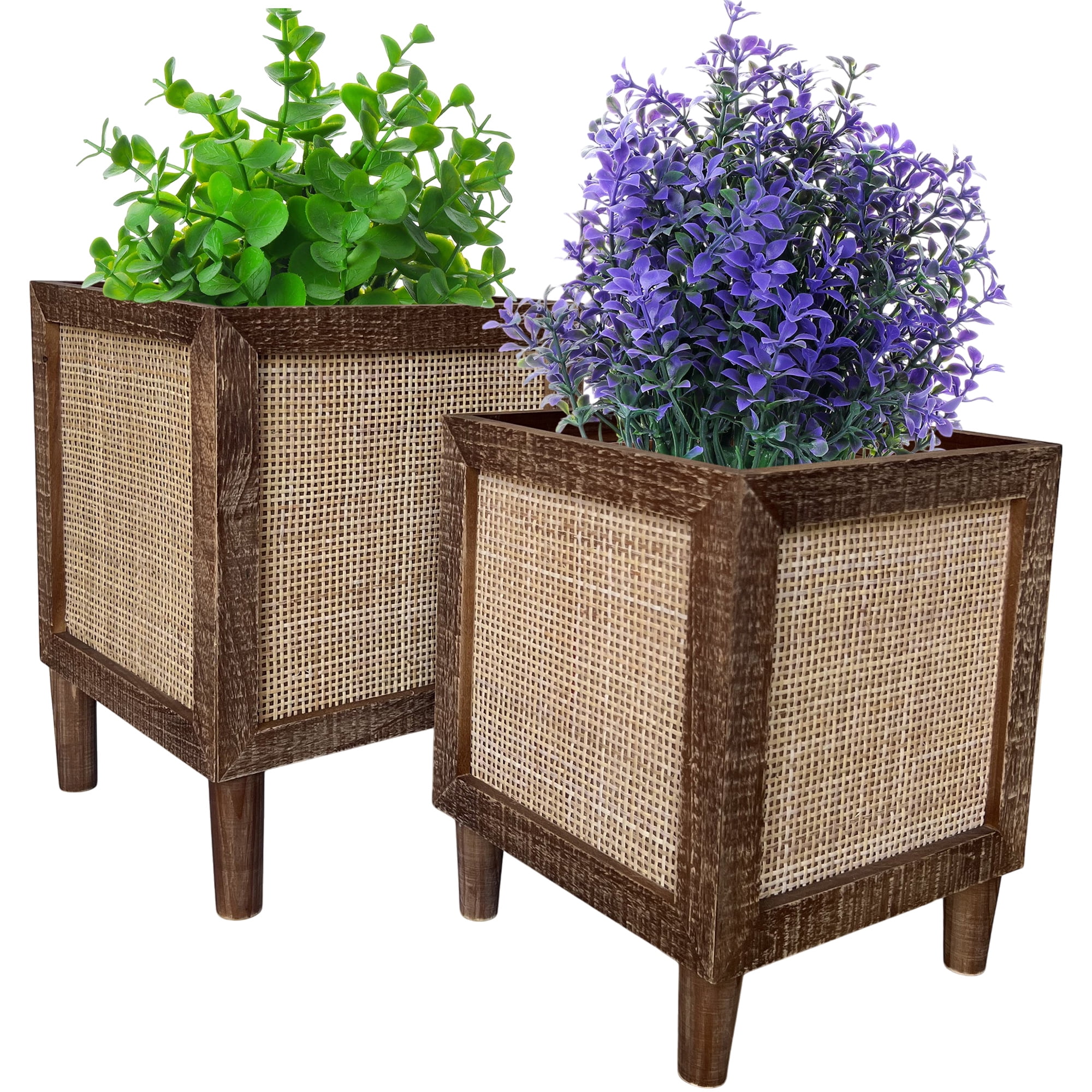 Rustic Brown Rattan Cane Wooden Indoor/Outdoor Planter Box Set
