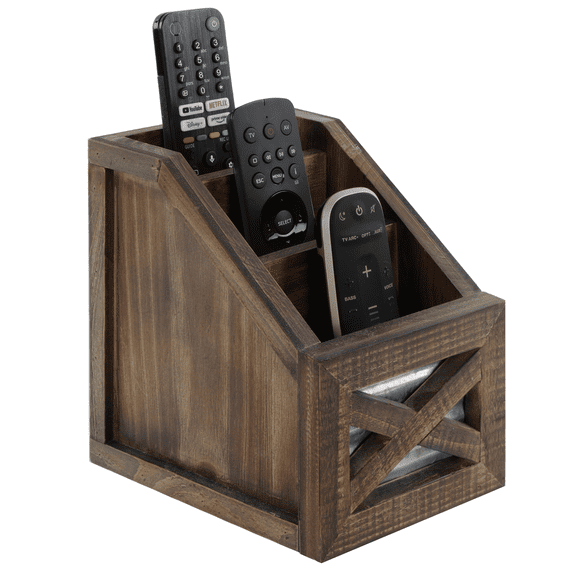 Autumn Alley Rustic Remote Holder - Farmhouse Desk Organizer, Barn Door Remote Holder, Desktop Organizer - 3-Slot Multiple Compartment Remote Control Storage Caddy, Rustic Home Decor, Brown