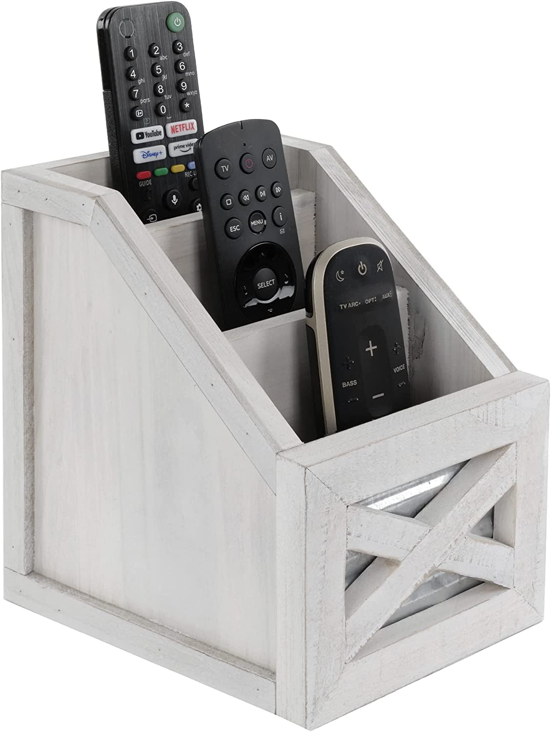 Autumn Alley Rustic Remote Holder - Farmhouse Desk Organizer, Barn Door Remote Holder, Desktop Organizer - 3-Slot Multiple Compartment Remote Control Storage Caddy, Rustic Home Decor, White