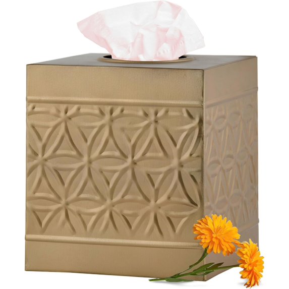Autumn Alley Tissue Box Cover Square, Tissue Box Cover, Gold Tissue Holders for Bathrooms, Bedroom, Kitchen with Embossed Pattern Tissue Holders Decorative, Rustic, Gold