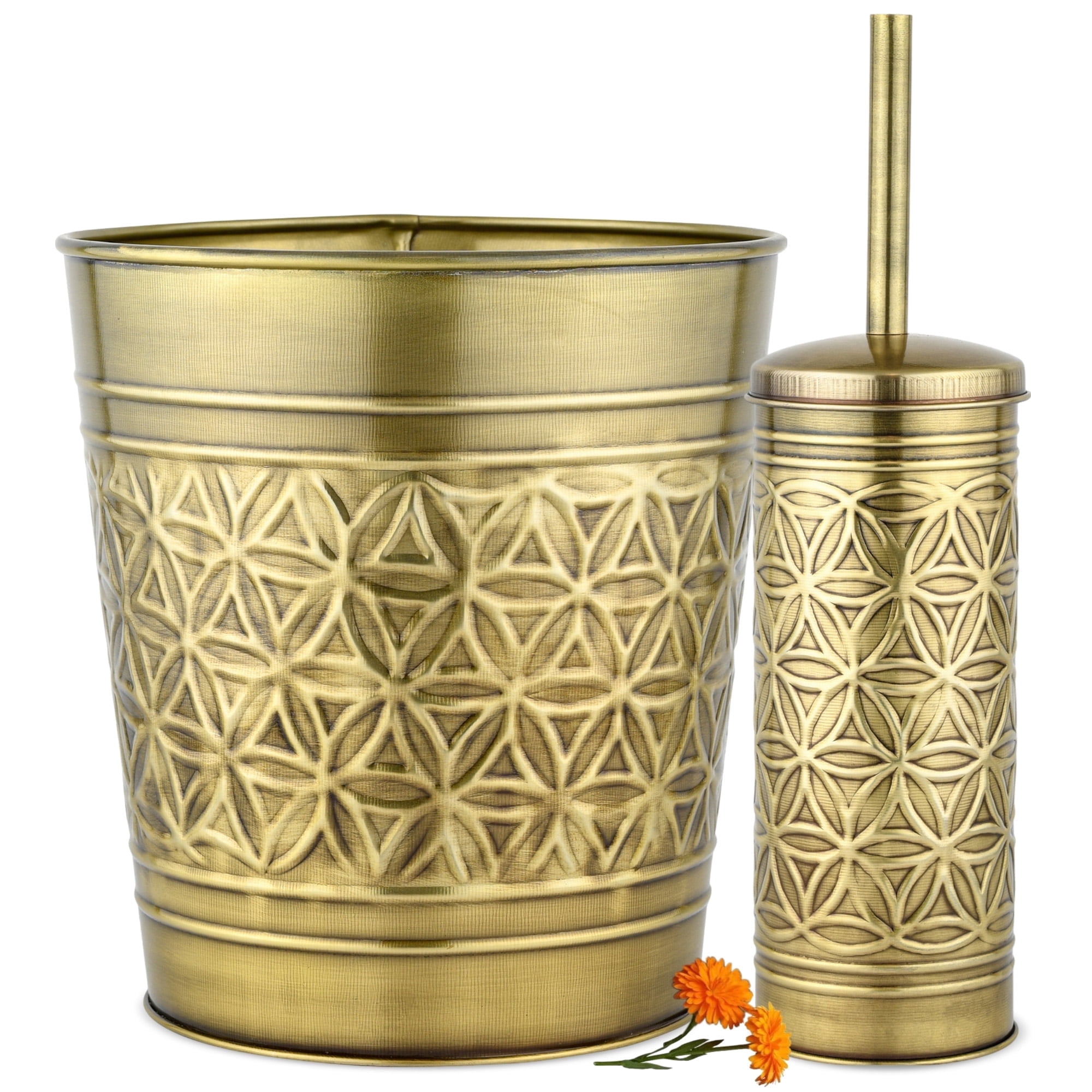 Autumn Alley Toilet Brush and Holder Set with Brushed Brass Bathroom Trash Can – Vintage Brass Bathroom Accessories Garbage Can Set for Rustic and Modern Bathroom Décor