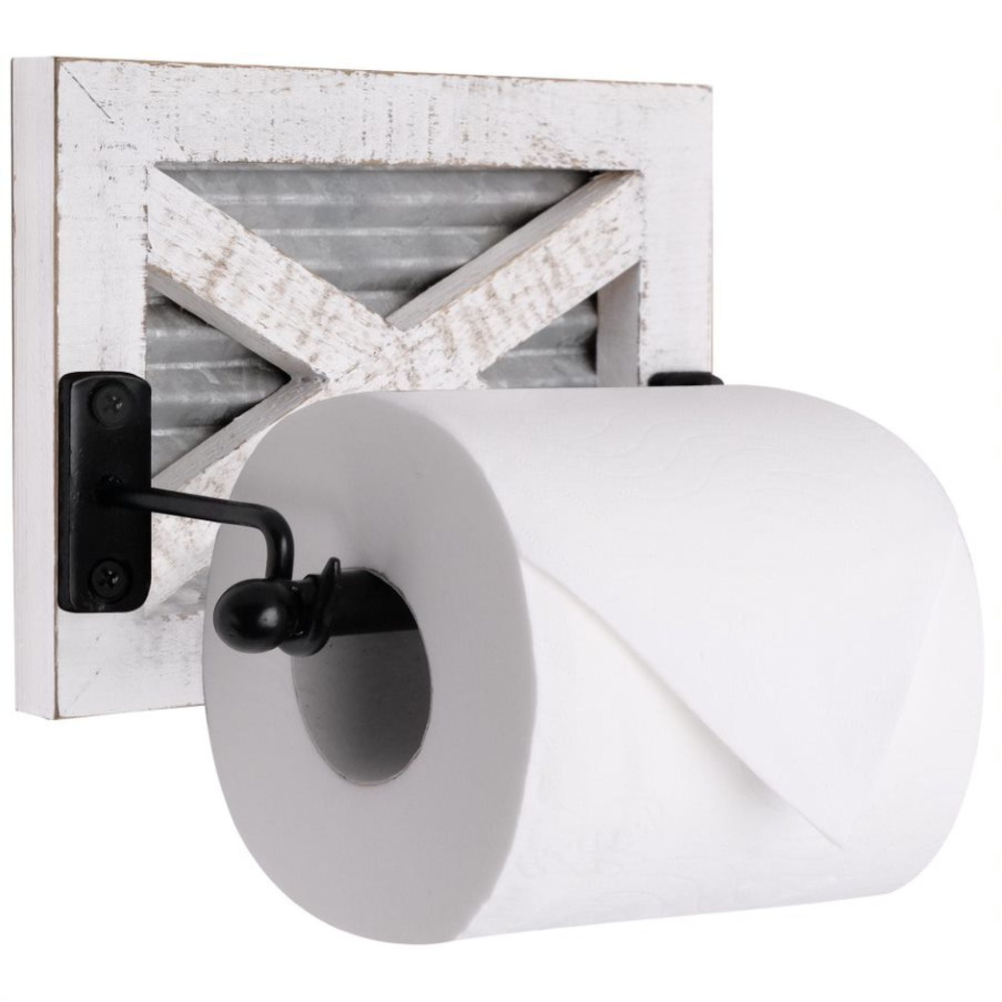 White Washed Wood and Galvanized Metal Farmhouse Toilet Paper Holder