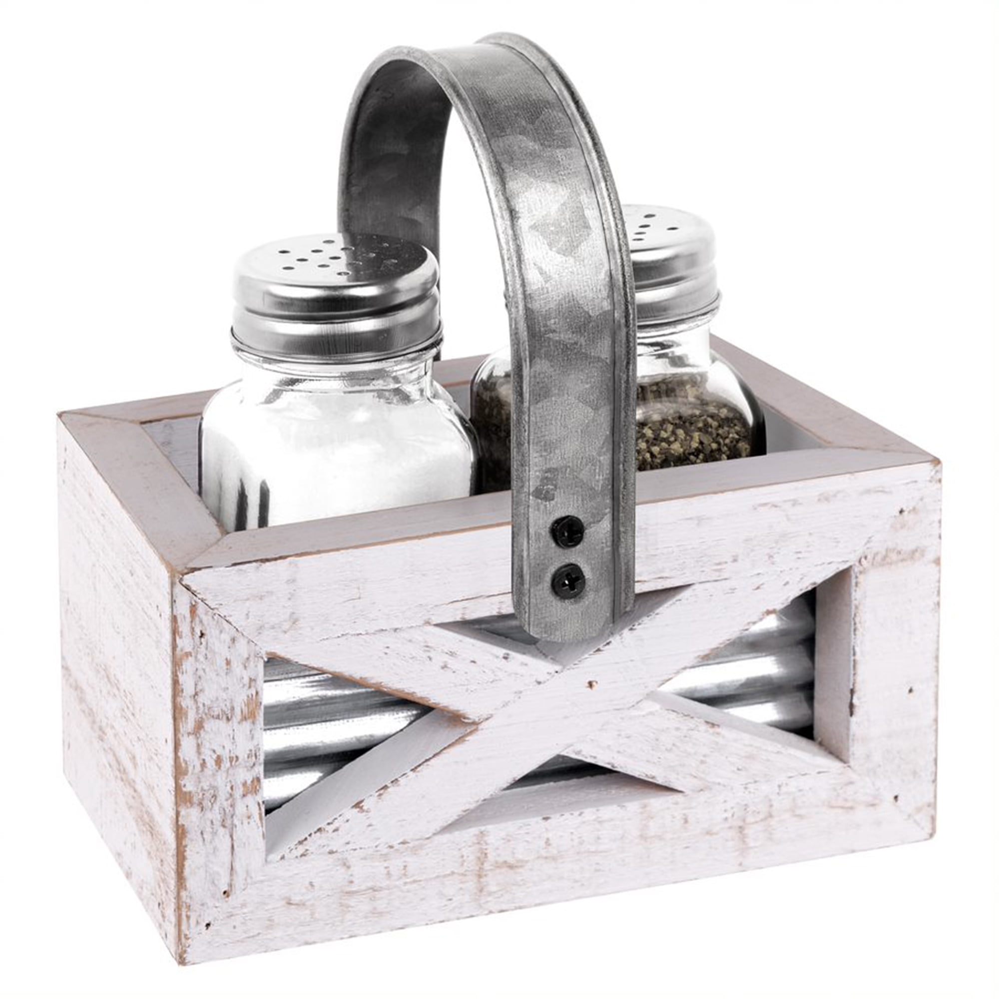 Rustic White-Wash Wood and Glass Salt & Pepper Shakers with Metal Caddy
