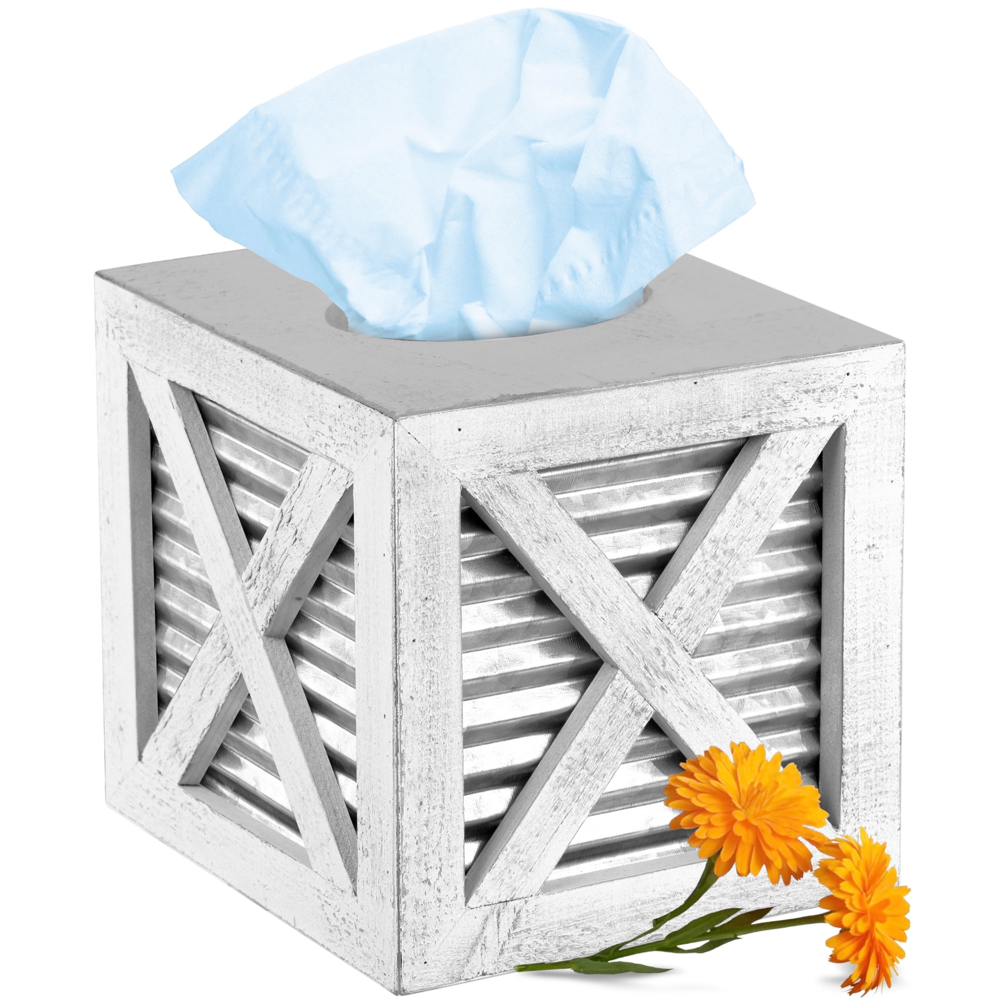 White and Galvanized Metal Farmhouse Tissue Box Cover