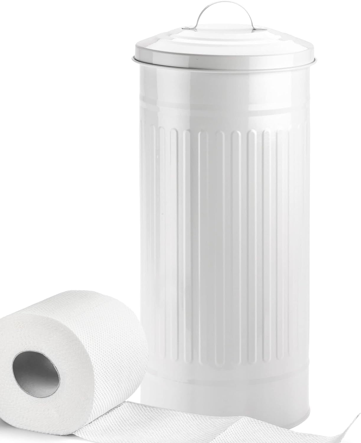 White Metal Farmhouse Freestanding Toilet Paper Holder with Lid