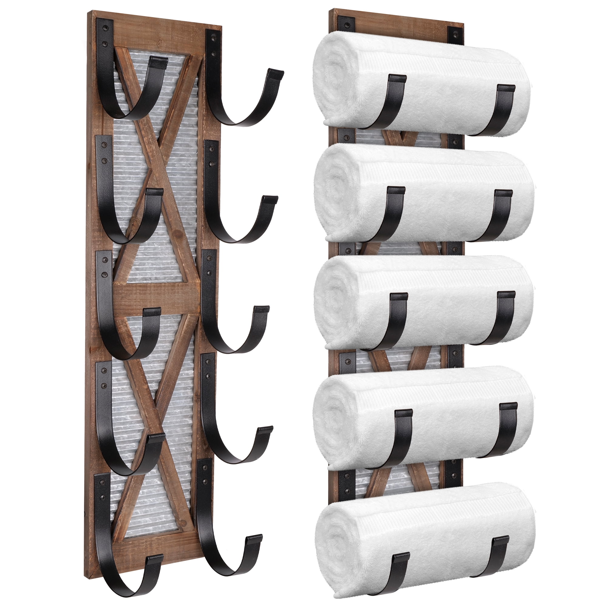 Rustic Brown Wood and Metal Wall Mounted Towel Rack