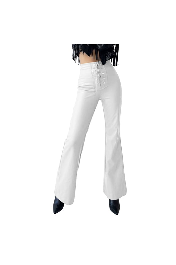 Autumn And Winter New European And American Women's High Waisted Bootcut Stretch Metal Hole Strap PU Imitation Leather Fashion Slacks Women
