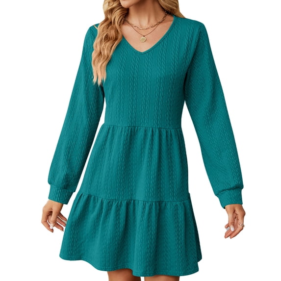 Autumn And Winter New V-neck Solid Color Splicing Long-sleeved Loose Dress For Women