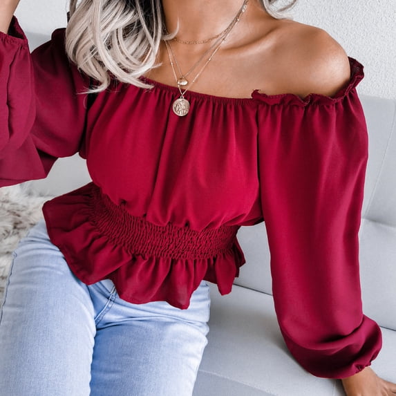 Autumn And Winter Sexy One-line Neckline Off-shoulder Hem Ruffled Chiffon Top For Women