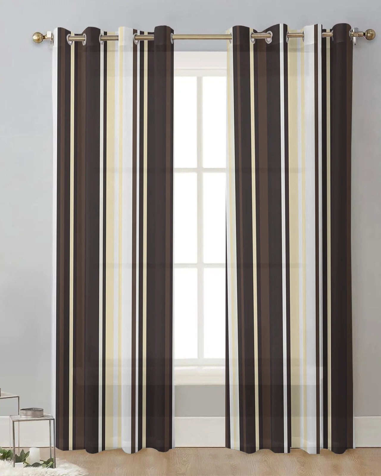 Autumn And Winter Stripes Simple Brown Tulle Drapes Living Room Sheer