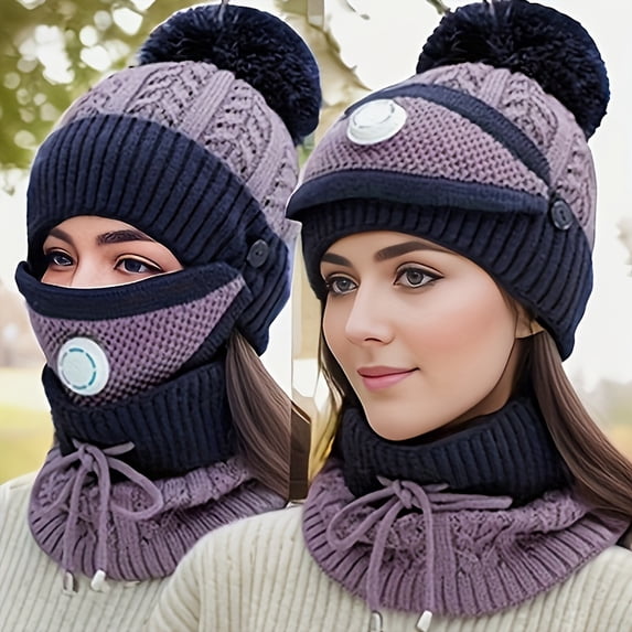 Autumn And Winter Thickened Warm Hat For Women, Protect The Ears And Neck, Breathable Three-piece Set Riding Head Knit Hat