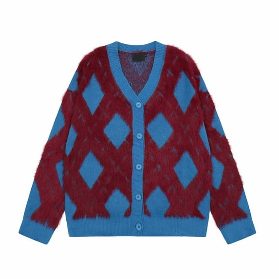 Autumn And Winter Vintage Rhomboid Checkered Irregular V Neck Cardigan Sweater Men's And Women's Sweater Sweater