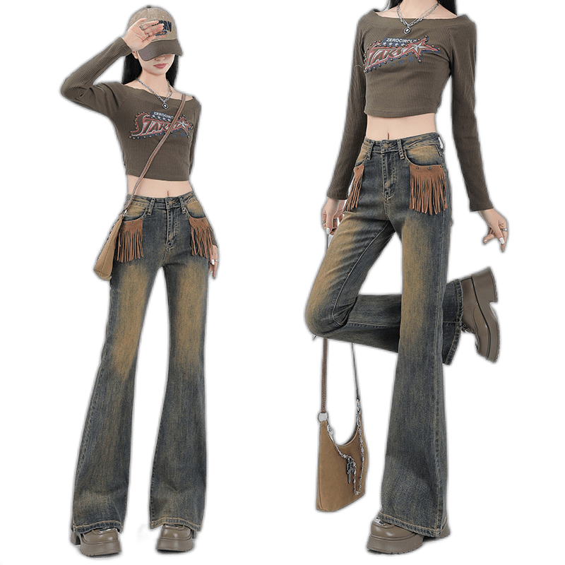 Autumn And Winter Women'S Trendy Stretch Front Pocket Tassel Hong Kong